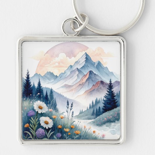 Waterverf Alpenlandschap met wilde bloemen Sleutelhanger (Voorkant)