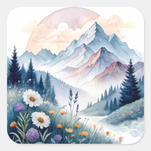Waterverf Alpenlandschap met wilde bloemen Vierkante Sticker (Voorkant)
