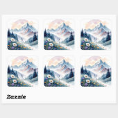 Waterverf Alpenlandschap met wilde bloemen Vierkante Sticker (Vel)