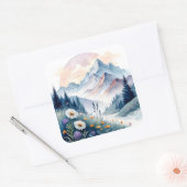 Waterverf Alpenlandschap met wilde bloemen Vierkante Sticker (Envelop)