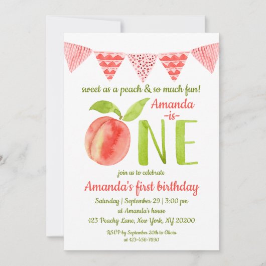 Waterverf als een peach first Birthday Kaart (Voorkant)
