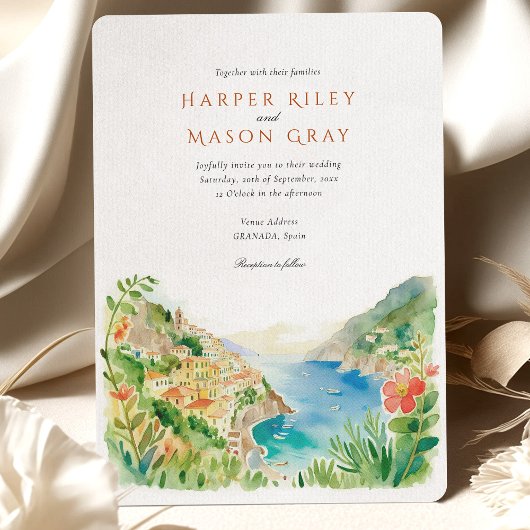 Waterverf Amalfi Coast Italië Bestemmingsbruiloft Kaart