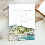 Waterverf Amalfi Coast Italië Save the Date Invita Kaart<br><div class="desc">Op deze datum wordt een waterverf van de skyline van de Amalfi Coast afgebeeld. Bewerk de *most* formulering eenvoudig om aan uw behoeften te voldoen en voeg uw eigen foto of foto's aan de achterzijde toe met uw trouwwebsite.</div>