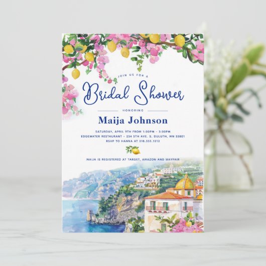 Waterverf Amalfi Coast Pink Lemons Vrijgezellenfee Kaart (Staand voorkant)