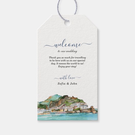 Waterverf Amalfi Coast skyline bruiloft welkom Cadeaulabel (Voorkant)