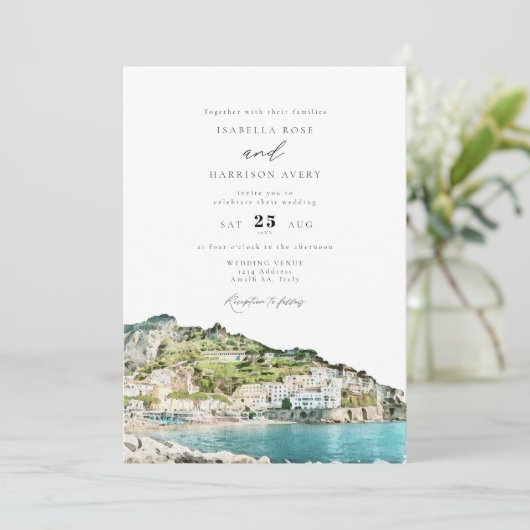 Waterverf Amalfi kust Italië Skyline Wedding Kaart (Staand voorkant)