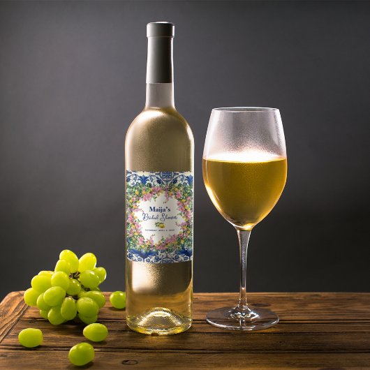 Waterverf Amalfi-kust Roze Citroenen Bruidsdiner Wijn Etiket