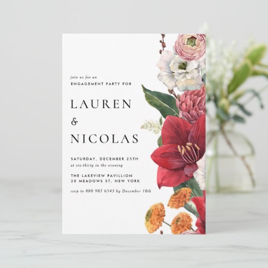 Waterverf Amaryllis Botanical Engagement Party Kaart (Staand voorkant)