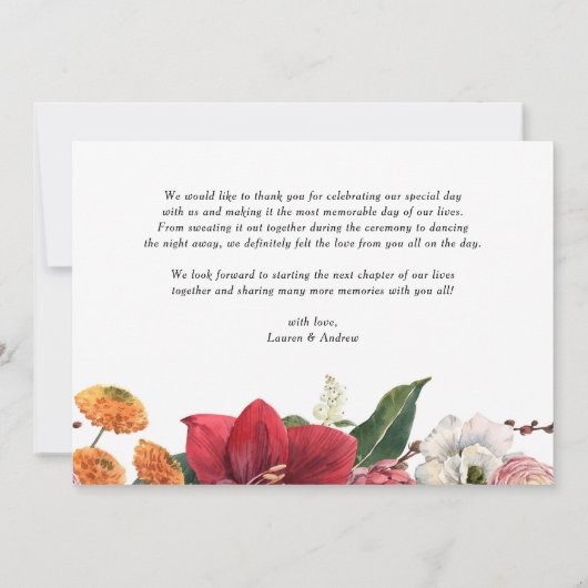 Waterverf Amaryllis en Mums Floral Wedding Bedankkaart (Achterkant)