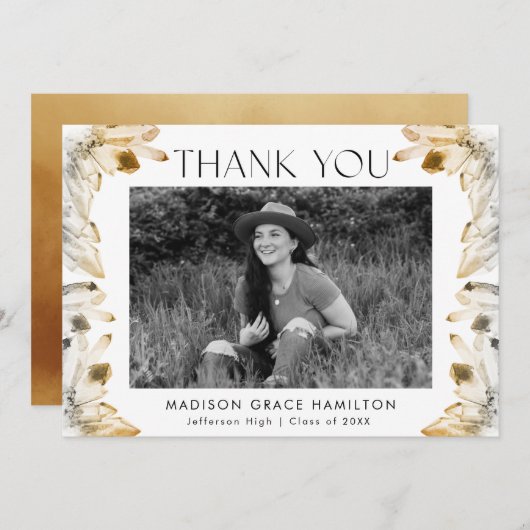 Waterverf Amber Gold Crystals Foto Afstuderen Bedankkaart (Voorkant / Achterkant)