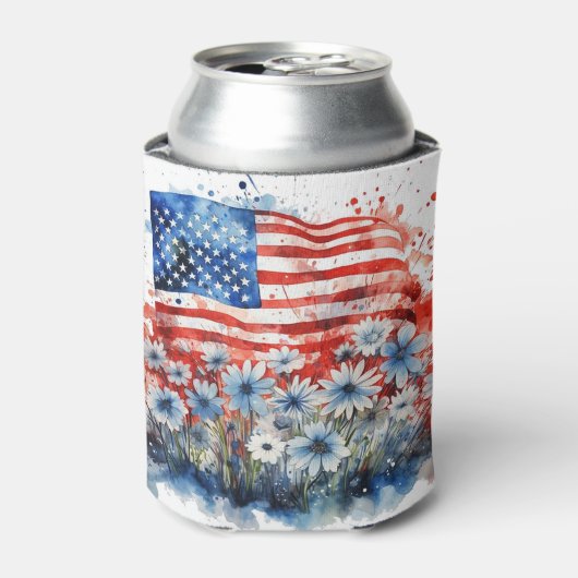 Waterverf American Flag & Flowers Blikjeskoeler (Blikje Voorkant)