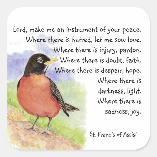 Waterverf Amerikaan Robin Bird St. Francis Prayer Vierkante Sticker (Voorkant)
