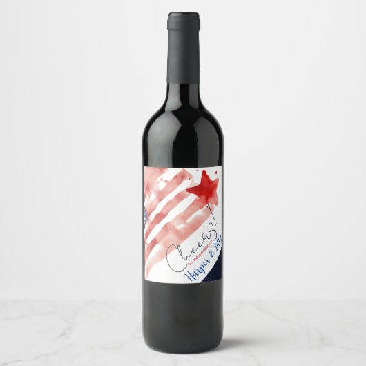 Waterverf Amerikaanse vlag en Rode Ster 4 juli Wijn Etiket (Voorkant)