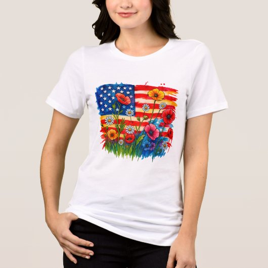 Waterverf Amerikaanse vlag en wilde bloemen - Patr Tri-Blend Shirt (Voorkant)