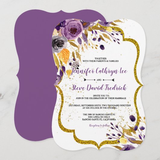 Waterverf Amethyst Paars Gold Floral Wedding Kaart (Voorkant / Achterkant)