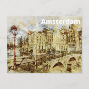 Waterverf Amsterdam Nederland Uitzicht City Bridge Briefkaart