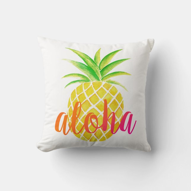 Waterverf anananas Aloha Tropisch Roze Kussen (Voorkant)