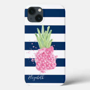 Waterverf anananas Tropisch, marineblauw gestreept Case-Mate iPhone Case