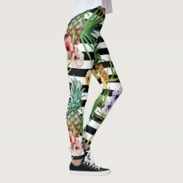 Waterverf anananas tropische bloemzwarte strepen leggings