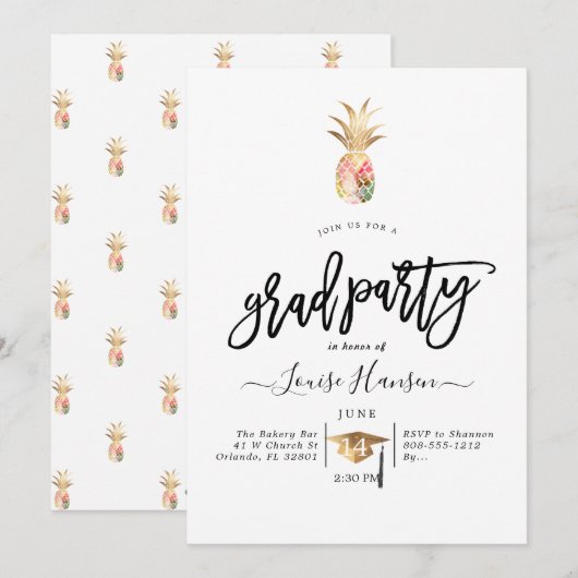 Waterverf Ananas Graduation Party Kaart (Voorkant / Achterkant)