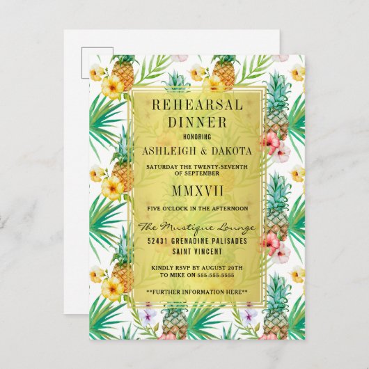 Waterverf ananas & Hibiscus repetitie diner Uitnodiging Briefkaart (Voorkant / Achterkant)