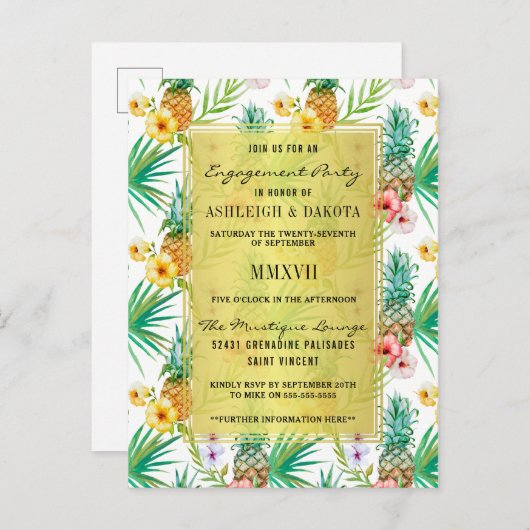 Waterverf Ananas & Hibiscus Verlovingsfeest Uitnodiging Briefkaart (Voorkant / Achterkant)