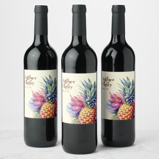 Waterverf Ananas Naam en Datum Wijn Etiket (Flessen)