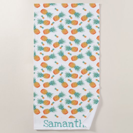 Waterverf Ananas Pattern Wit Gepersonaliseerd Strandlaken (Voorkant)
