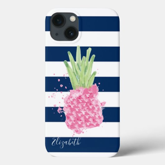 Waterverf Ananas Tropisch ,Marineblauw Gestreept Case-Mate iPhone Case (Achterkant)