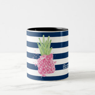Waterverf Ananas Tropisch ,Marineblauw Gestreept Tweekleurige Koffiemok