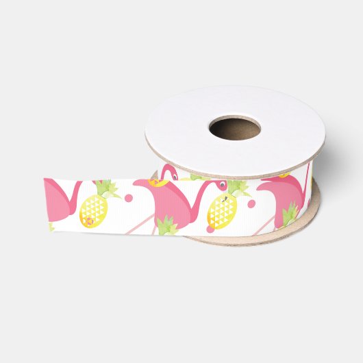 Waterverf Ananassen & Flamingo's Tropisch Grosgrain Lint (Spoel)