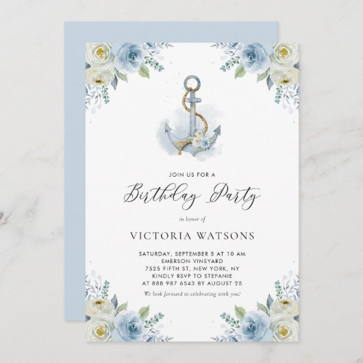 Waterverf Anchor & Blue Flowers Nautical Birthday Kaart (Voorkant / Achterkant)