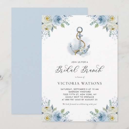 Waterverf Anchor en Blue Flowers Bridal Brunch Kaart (Voorkant / Achterkant)