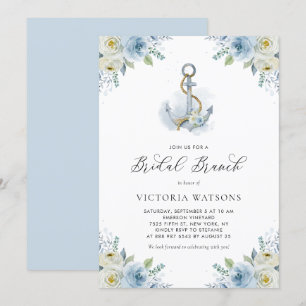 Waterverf Anchor en Blue Flowers Bridal Brunch Kaart