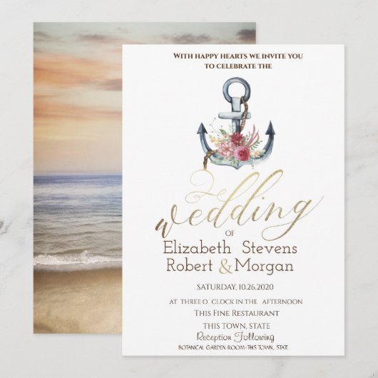 Waterverf Anchor Flowers Nautical Wedding Kaart (Voorkant / Achterkant)
