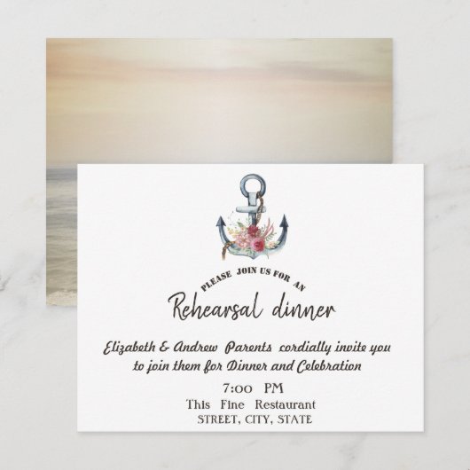 Waterverf Anchor Flowers Rehearsal Dinner Kaart (Voorkant / Achterkant)