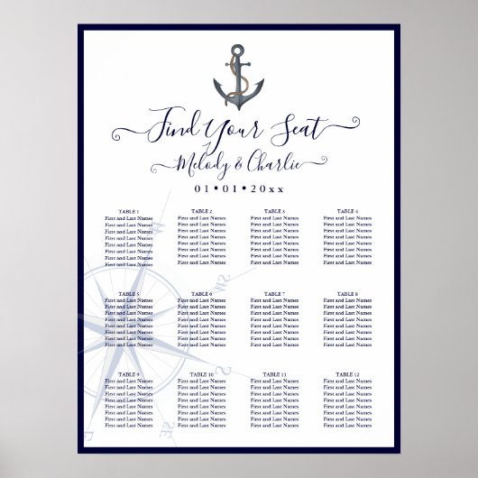 WATERVERF ANCHOR NAVY NAUTICAL SITTING CHART POSTER (Voorkant)