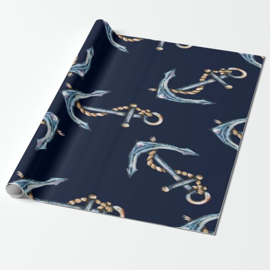 Waterverf Anchors Navy Blue Cadeaupapier (Uitgerold)