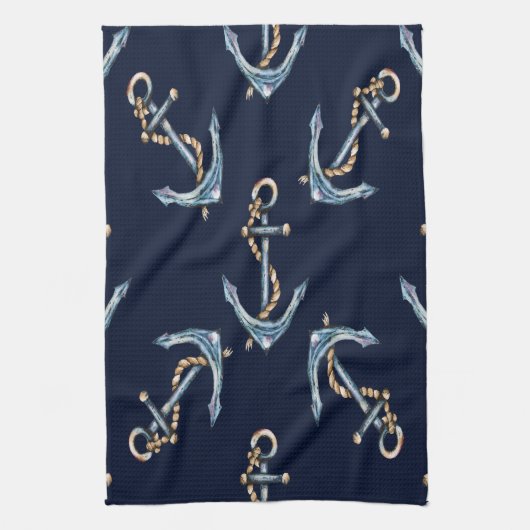 Waterverf Anchors Navy Blue Theedoek (Verticaal)