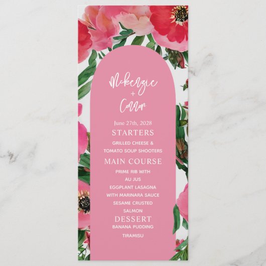 Waterverf Anemone Arch Pink Wedding Menu (Voorkant)