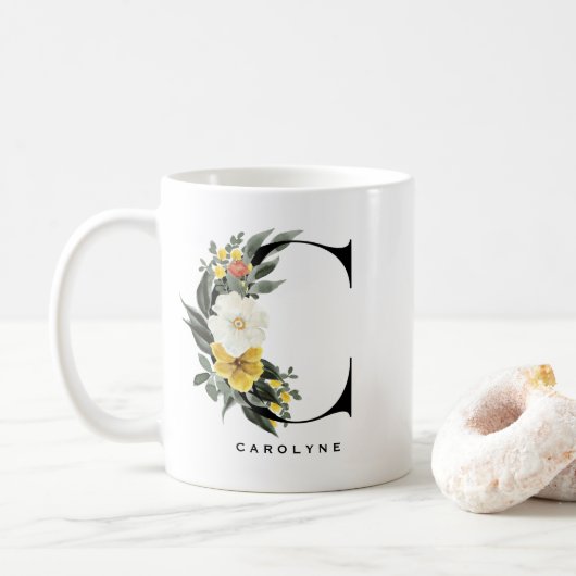 Waterverf Anemone Botanische stoffen Letter C Mono Koffiemok (Met donut)