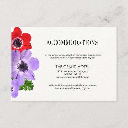 Waterverf Anemone Floral Accommodation Card Informatiekaartje (Voorkant)
