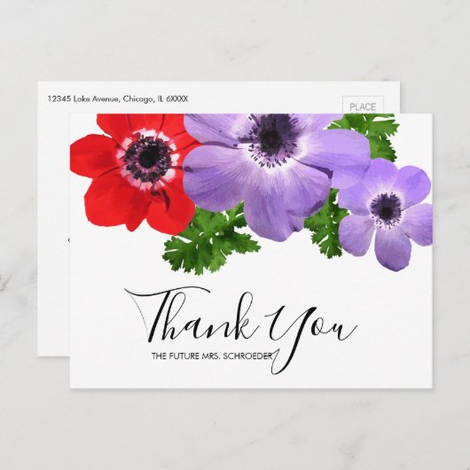 Waterverf Anemone Floral Dank u Briefkaart (Voorkant / Achterkant)