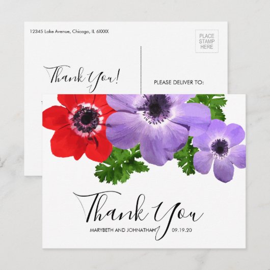 Waterverf Anemone Floral Dank u Briefkaart (Voorkant / Achterkant)
