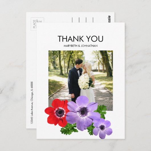 Waterverf Anemone Floral Hartelijk dank voor het B Briefkaart (Voorkant / Achterkant)