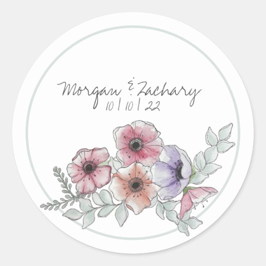 Waterverf Anemone Floral Ronde Sticker (Voorkant)