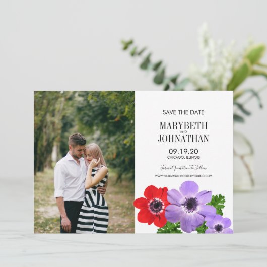 Waterverf Anemone Floral sla de Datum fotokaart op Save The Date (Staand voorkant)