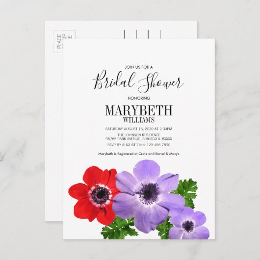 Waterverf Anemone Floral Vrijgezellenfeest Card Uitnodiging Briefkaart (Voorkant / Achterkant)