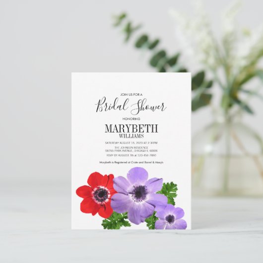 Waterverf Anemone Floral Vrijgezellenfeest Card Uitnodiging Briefkaart (Staand voorkant)