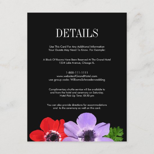 Waterverf Anemone Floral Wedding Details Kaart (Voorkant)